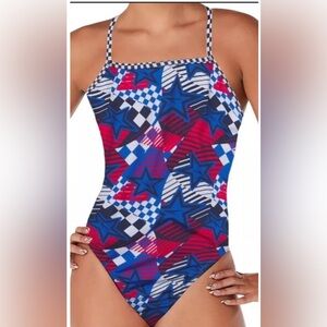 Speedo olympic Overdrive‎ proLT Double X Back blue Red Star Swimsuit size 34 M/L